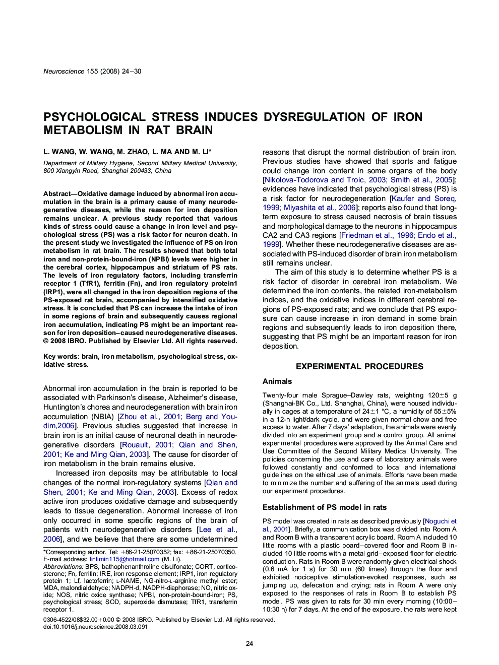 Psychological stress induces dysregulation of iron metabolism in rat brain