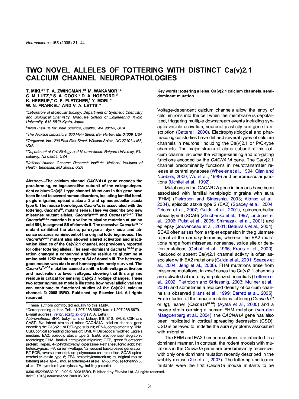 Two novel alleles of tottering with distinct Ca(v)2.1 calcium channel neuropathologies