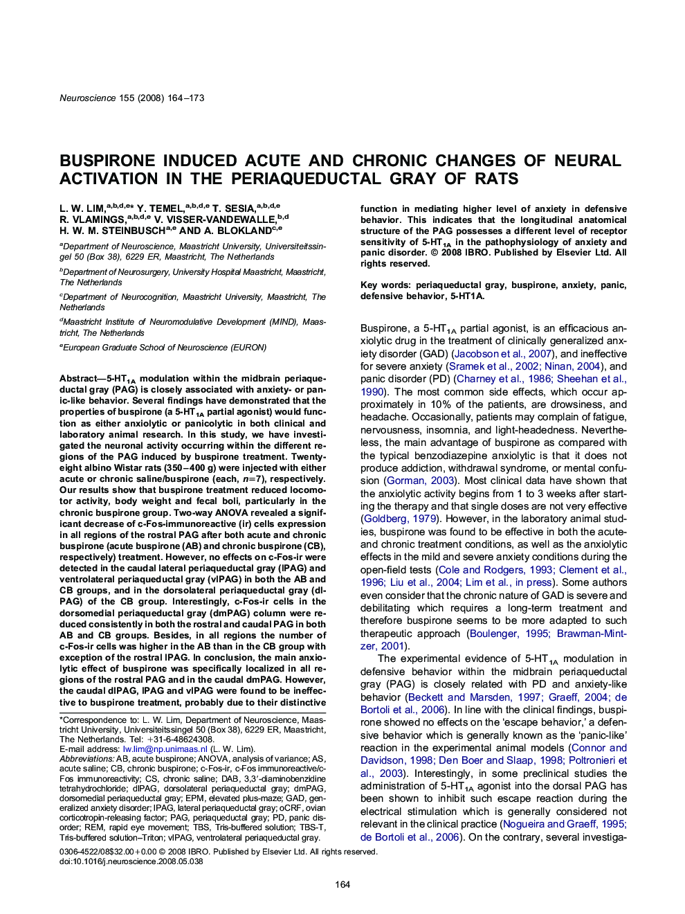 Buspirone induced acute and chronic changes of neural activation in the periaqueductal gray of rats