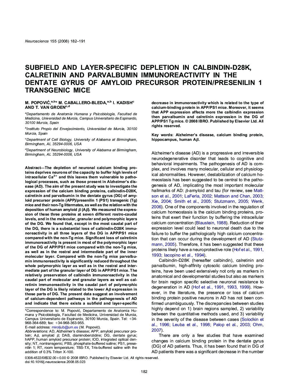 Subfield and layer-specific depletion in calbindin-D28K, calretinin and parvalbumin immunoreactivity in the dentate gyrus of amyloid precursor protein/presenilin 1 transgenic mice