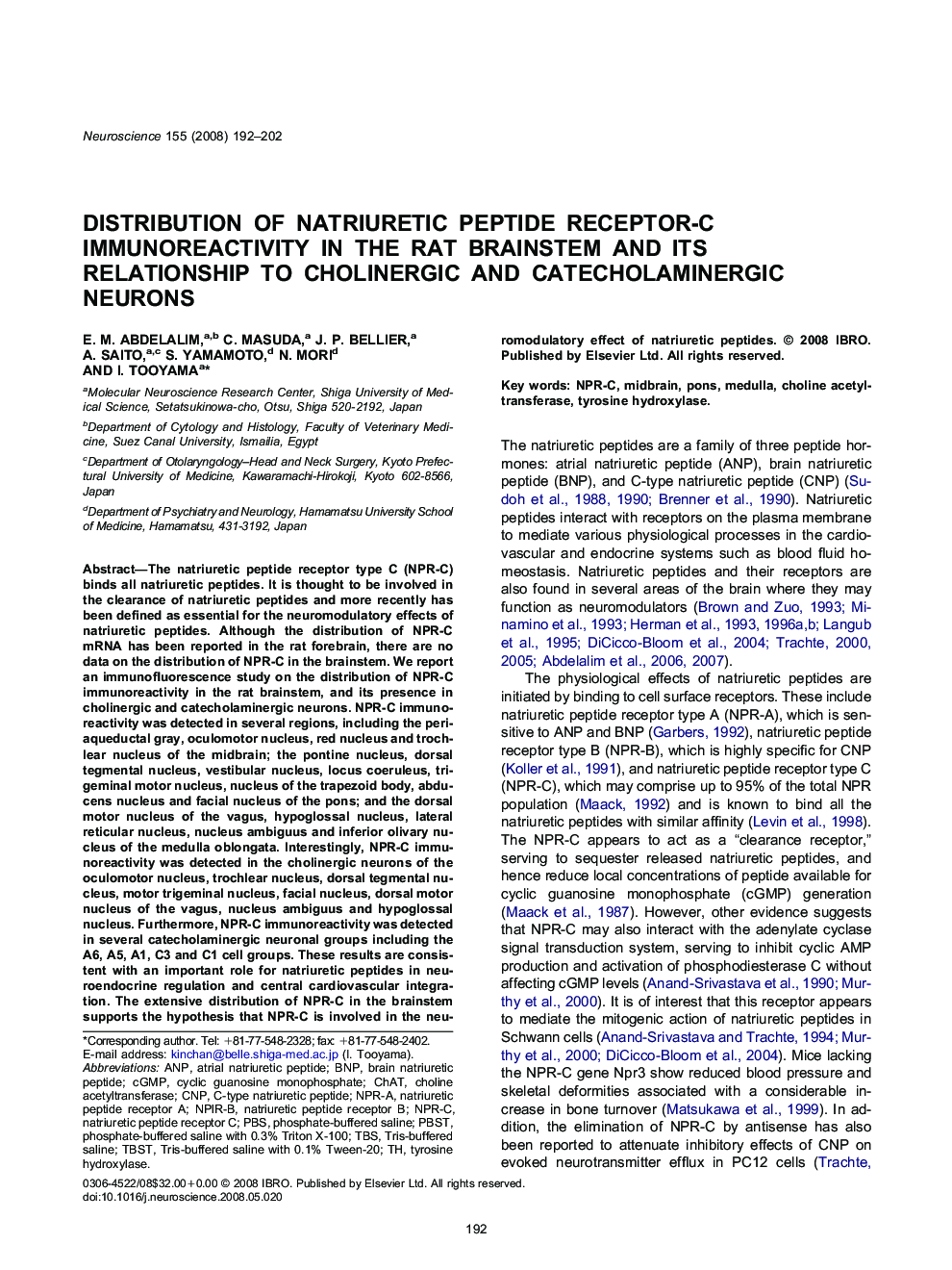 Distribution of natriuretic peptide receptor-C immunoreactivity in the rat brainstem and its relationship to cholinergic and catecholaminergic neurons