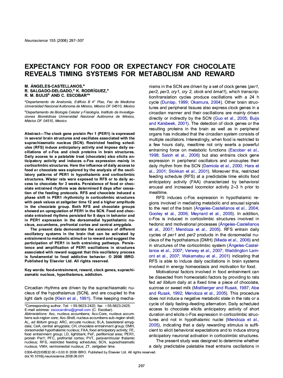 Expectancy for food or expectancy for chocolate reveals timing systems for metabolism and reward