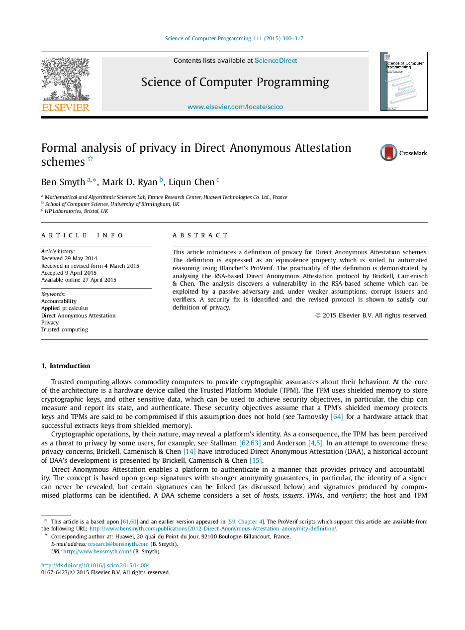 Formal analysis of privacy in Direct Anonymous Attestation schemes 