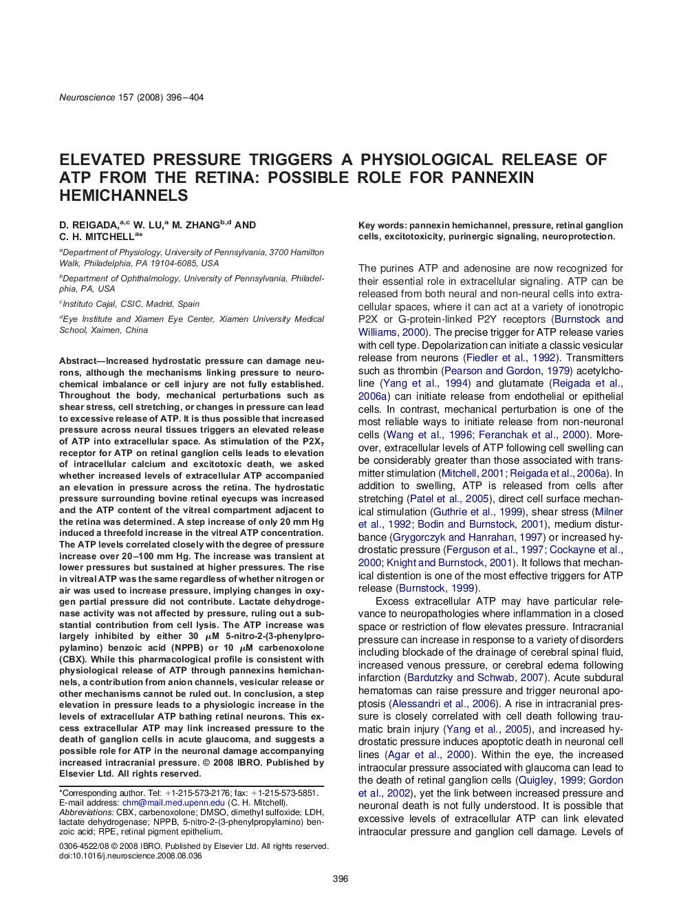 Elevated pressure triggers a physiological release of ATP from the retina: Possible role for pannexin hemichannels