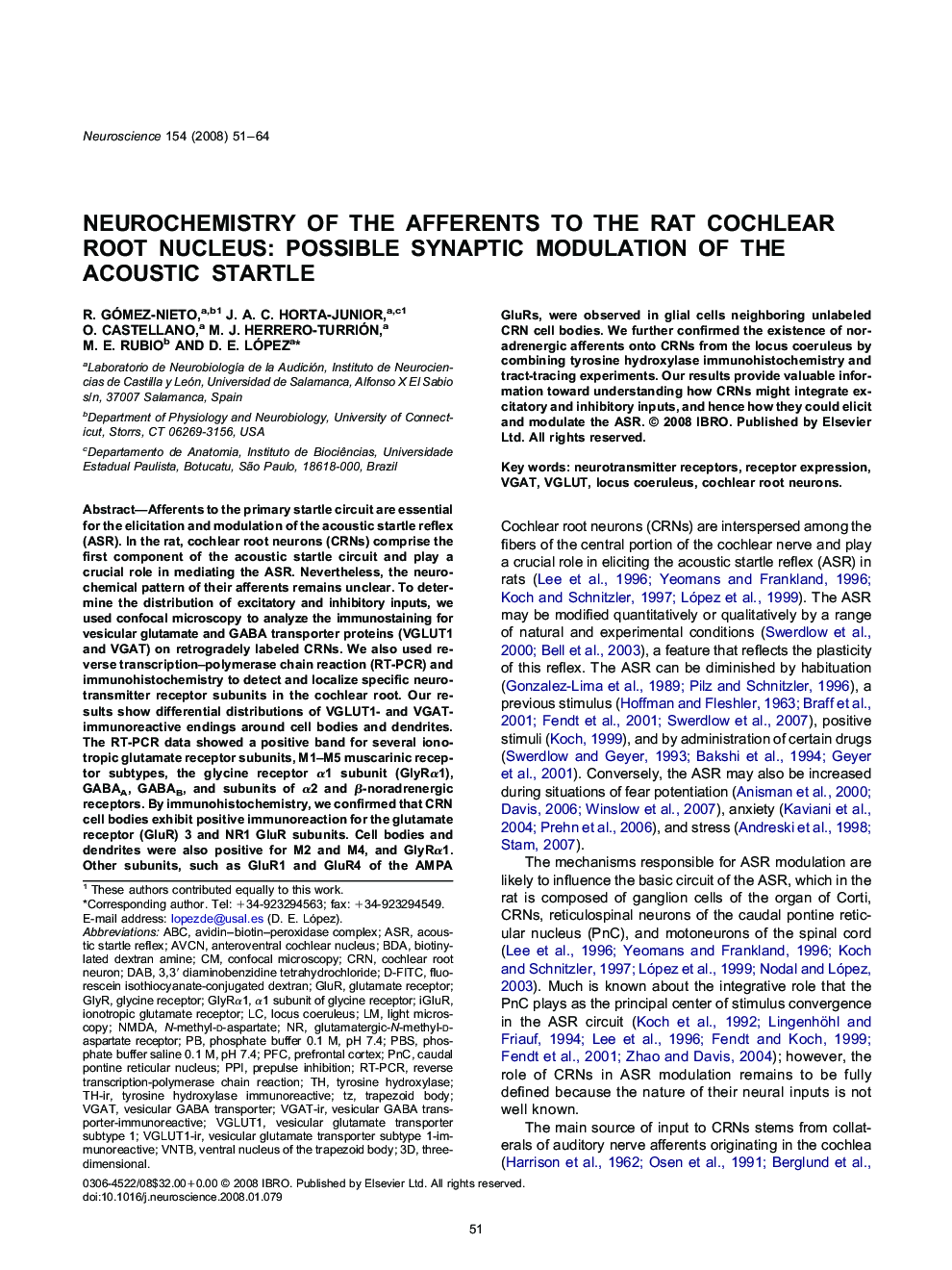 Neurochemistry of the afferents to the rat cochlear root nucleus: Possible synaptic modulation of the acoustic startle