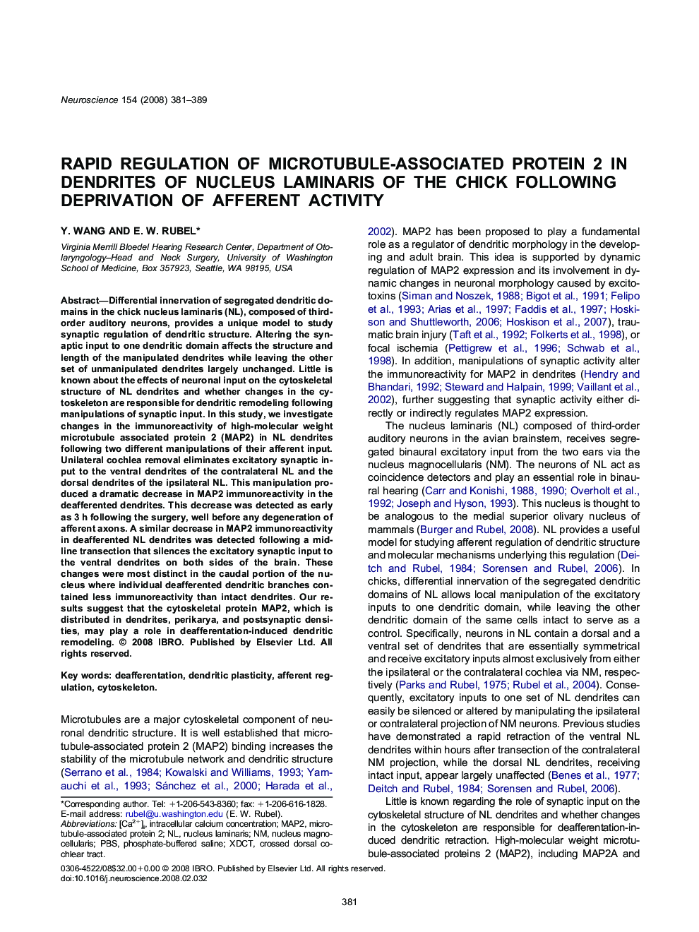 Rapid regulation of microtubule-associated protein 2 in dendrites of nucleus laminaris of the chick following deprivation of afferent activity