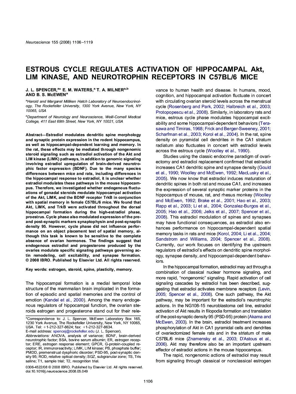 Estrous cycle regulates activation of hippocampal Akt, LIM kinase, and neurotrophin receptors in C57BL/6 mice