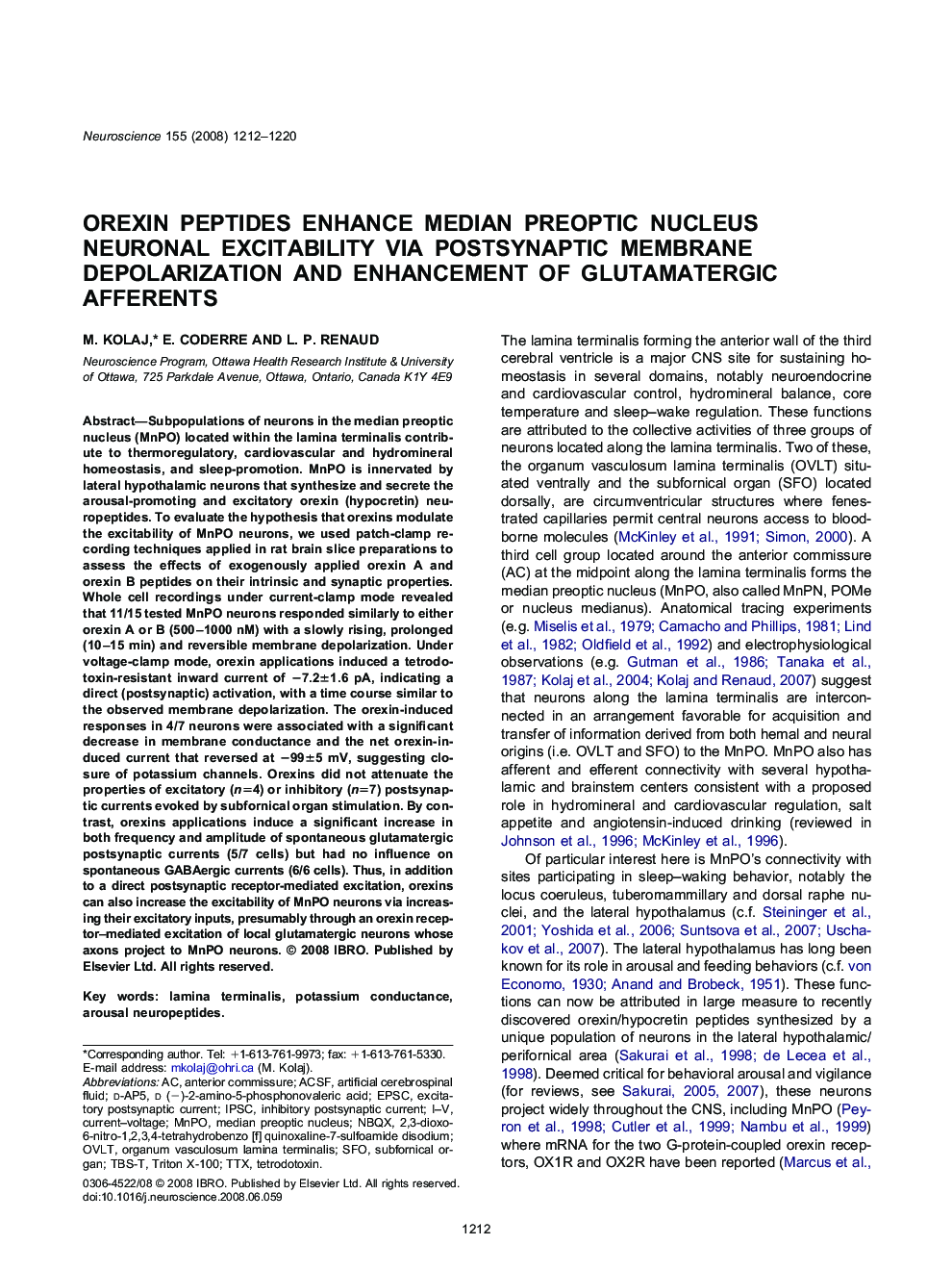 Orexin peptides enhance median preoptic nucleus neuronal excitability via postsynaptic membrane depolarization and enhancement of glutamatergic afferents