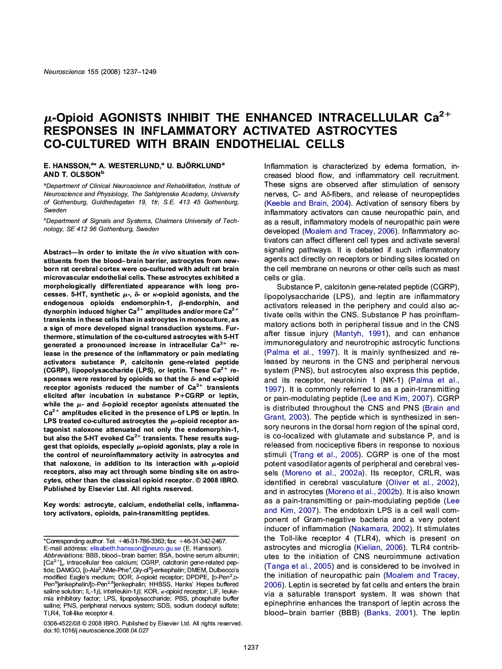 Î¼-Opioid agonists inhibit the enhanced intracellular Ca2+ responses in inflammatory activated astrocytes co-cultured with brain endothelial cells