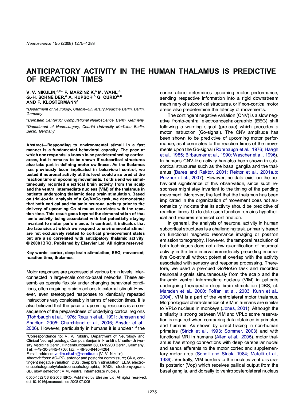 Anticipatory activity in the human thalamus is predictive of reaction times