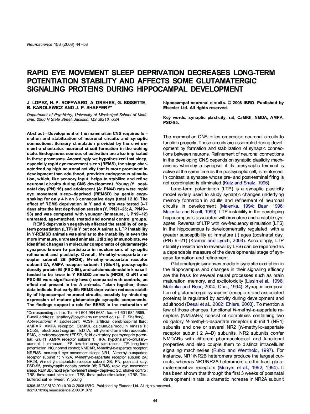 Rapid eye movement sleep deprivation decreases long-term potentiation stability and affects some glutamatergic signaling proteins during hippocampal development