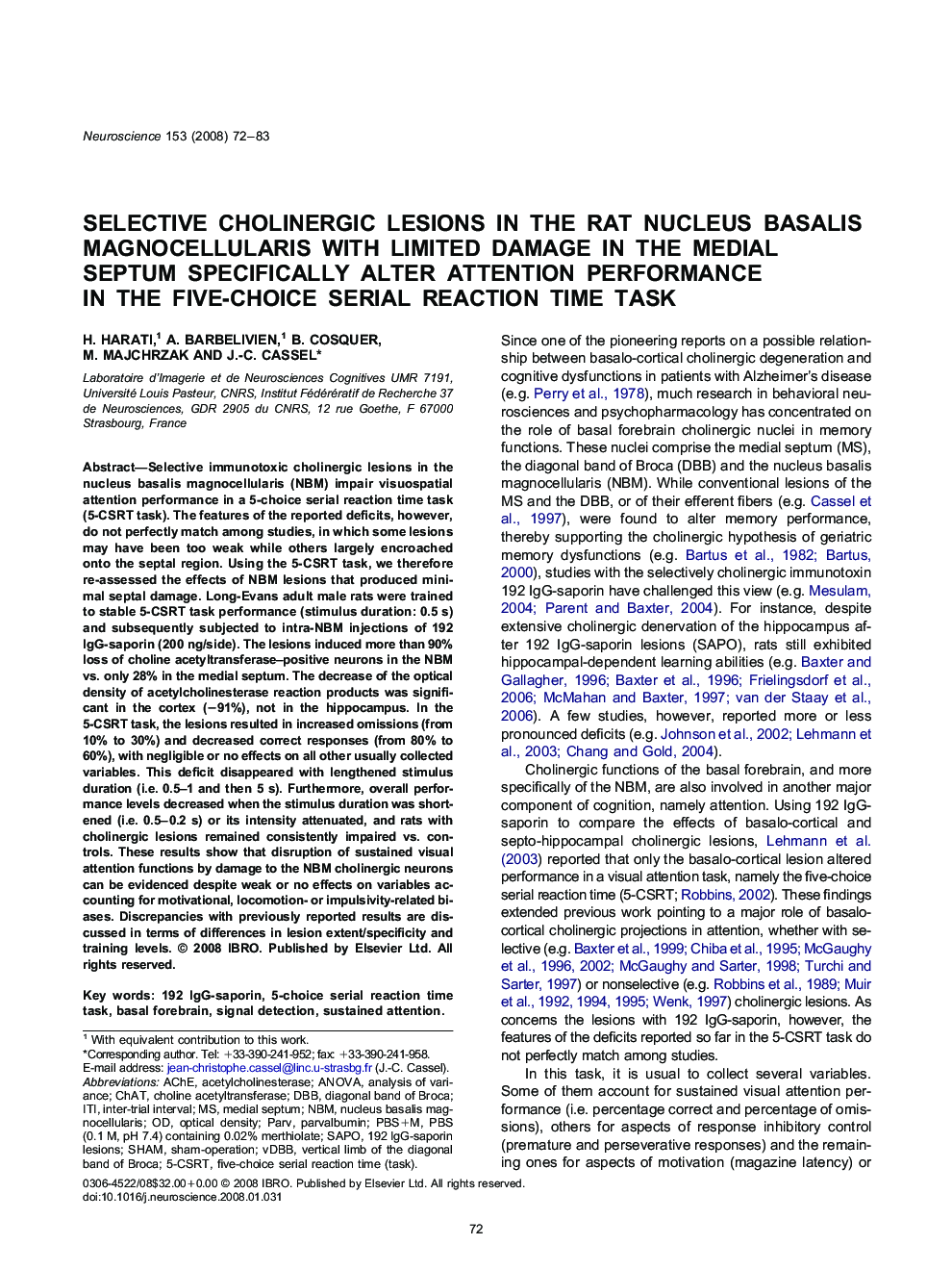 Selective cholinergic lesions in the rat nucleus basalis magnocellularis with limited damage in the medial septum specifically alter attention performance in the five-choice serial reaction time task