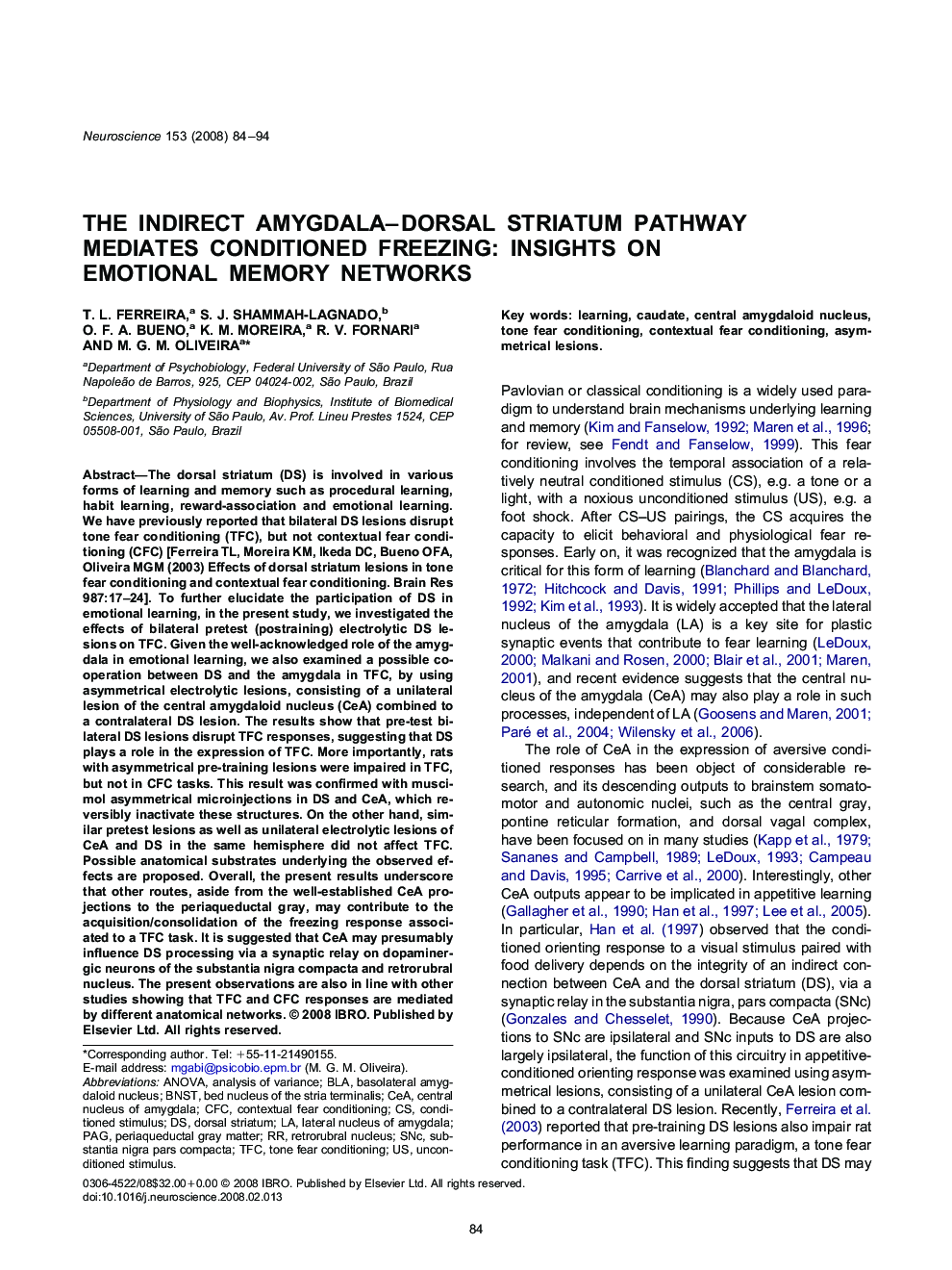 The indirect amygdala–dorsal striatum pathway mediates conditioned freezing: Insights on emotional memory networks