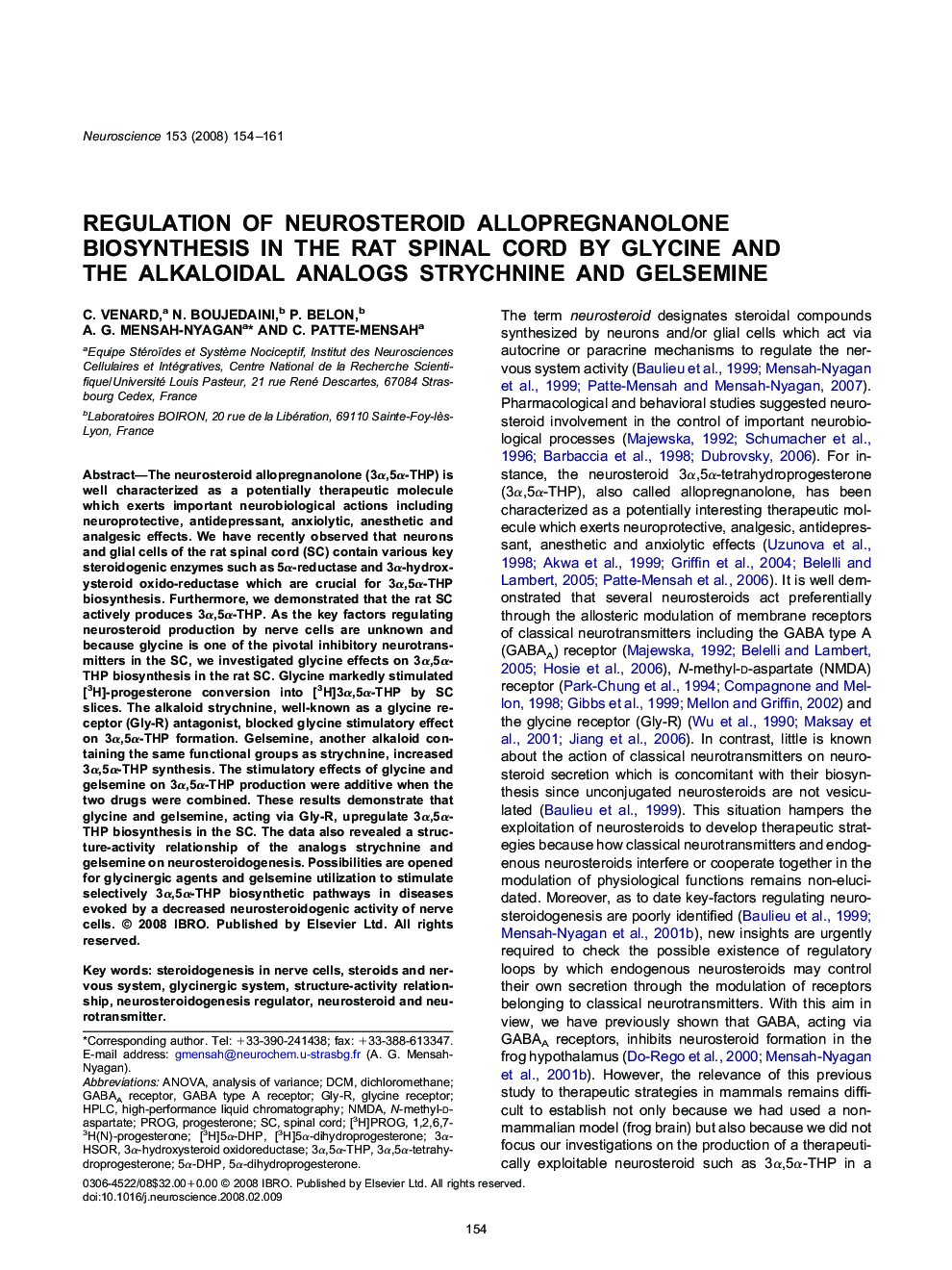 Regulation of neurosteroid allopregnanolone biosynthesis in the rat spinal cord by glycine and the alkaloidal analogs strychnine and gelsemine