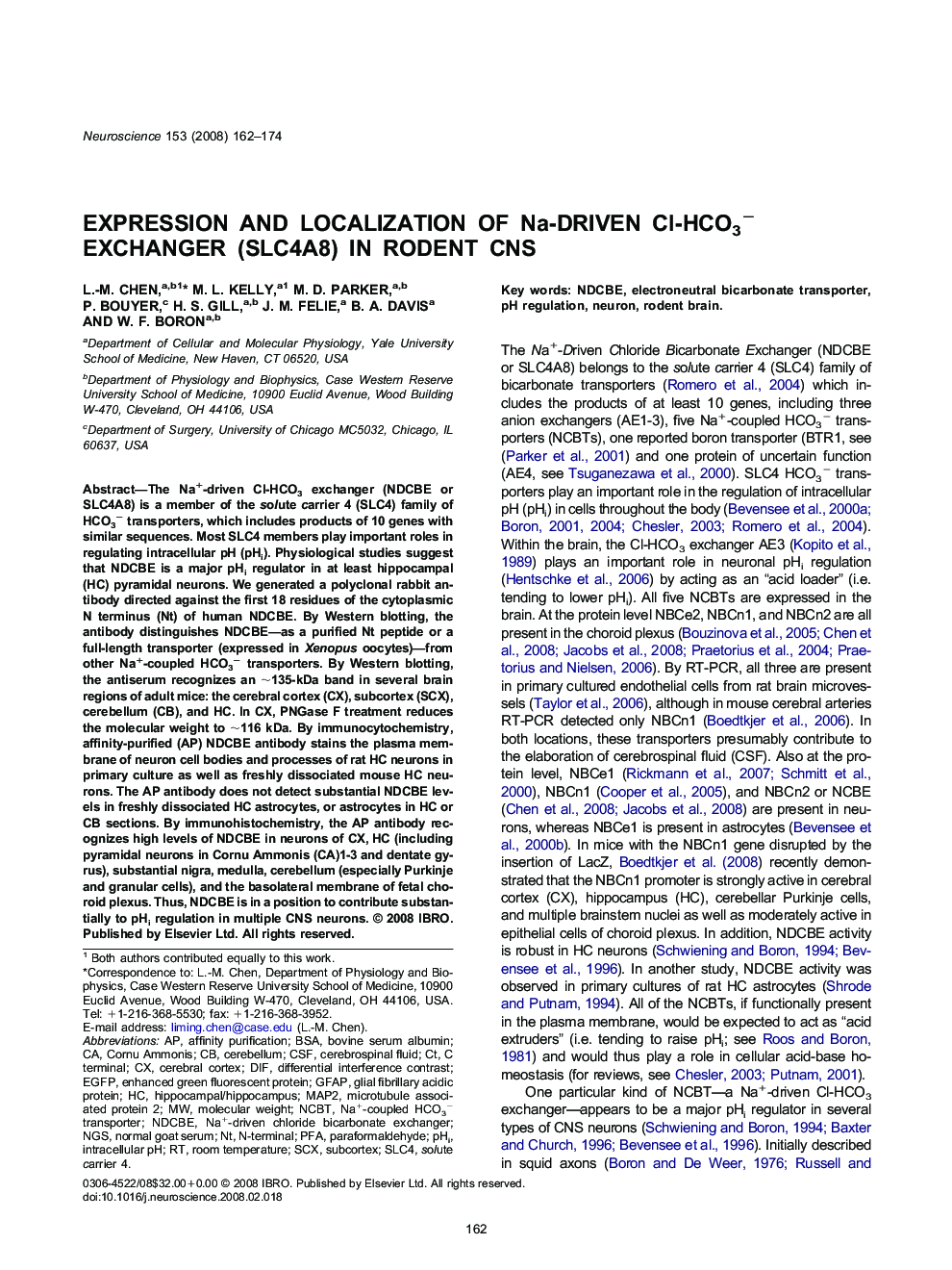 Expression and localization of Na-driven Cl-HCO3− exchanger (SLC4A8) in rodent CNS