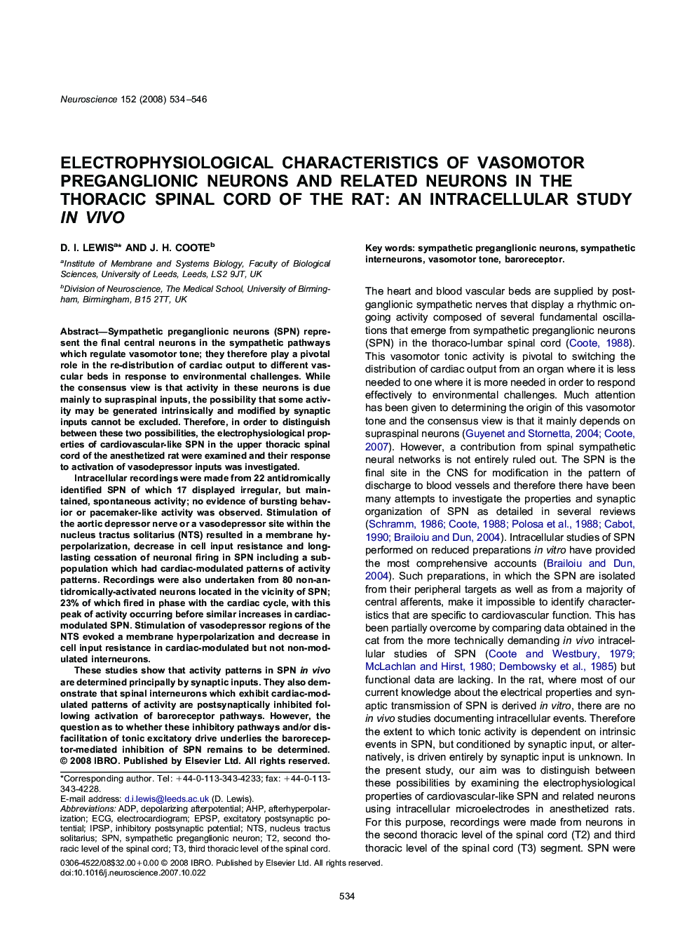 Electrophysiological characteristics of vasomotor preganglionic neurons and related neurons in the thoracic spinal cord of the rat: An intracellular study in vivo