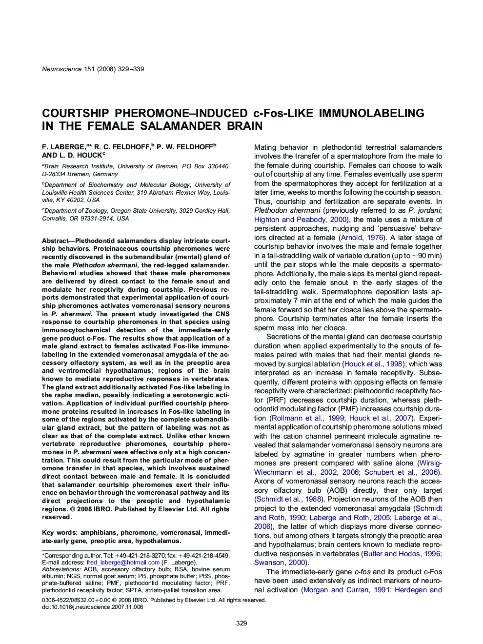 Courtship pheromone–induced c-Fos-like immunolabeling in the female salamander brain