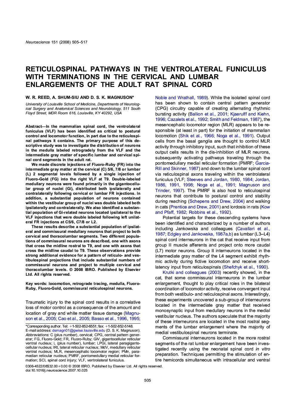 Reticulospinal pathways in the ventrolateral funiculus with terminations in the cervical and lumbar enlargements of the adult rat spinal cord