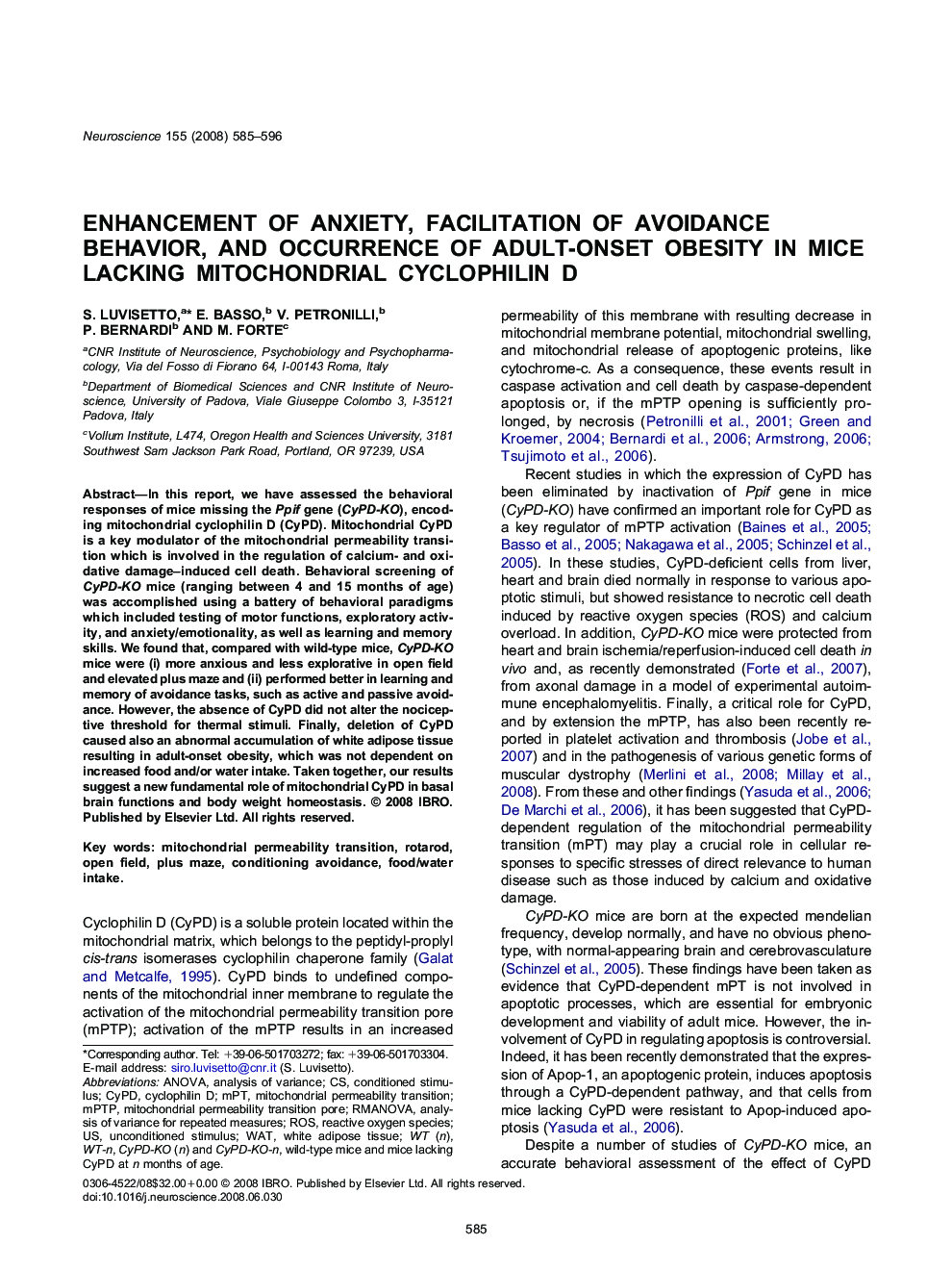 Enhancement of anxiety, facilitation of avoidance behavior, and occurrence of adult-onset obesity in mice lacking mitochondrial cyclophilin D