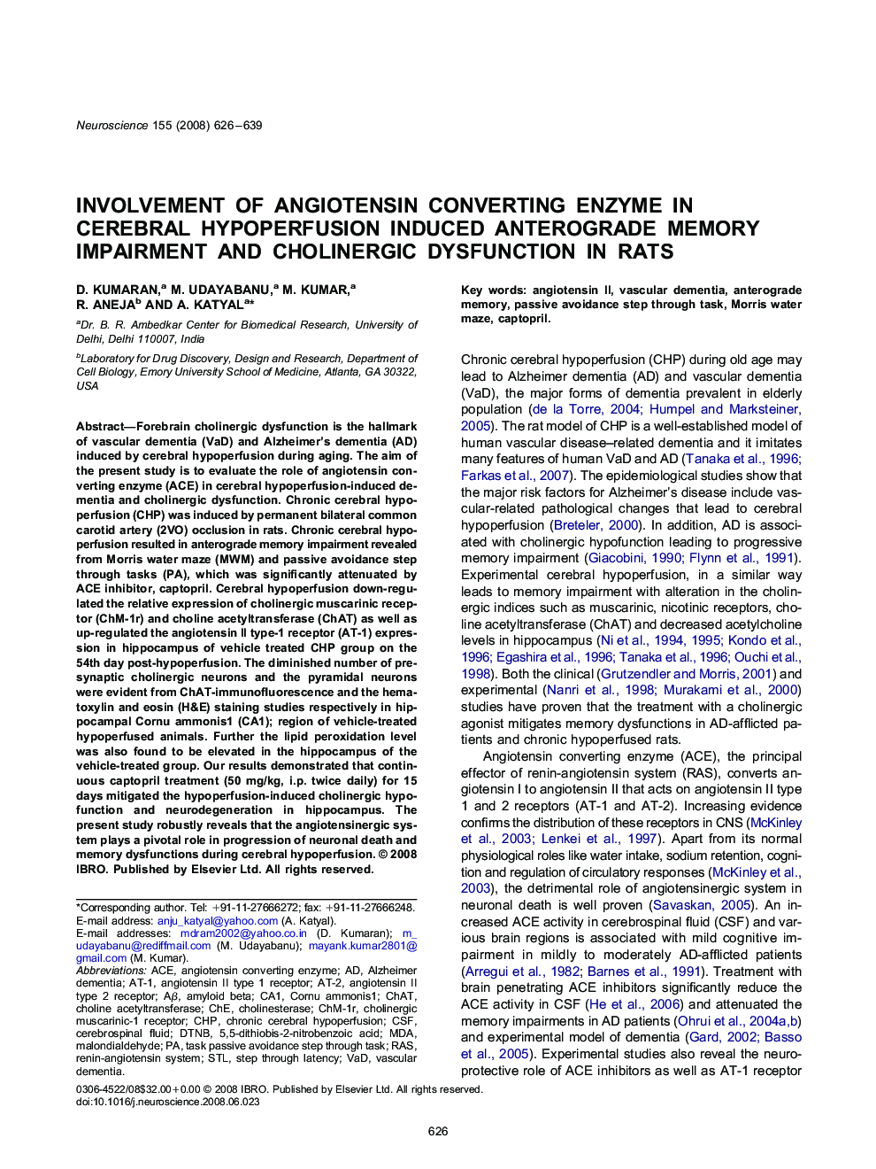 Involvement of angiotensin converting enzyme in cerebral hypoperfusion induced anterograde memory impairment and cholinergic dysfunction in rats