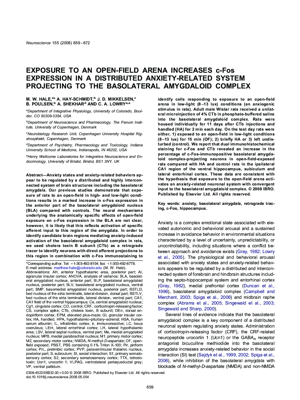 Exposure to an open-field arena increases c-Fos expression in a distributed anxiety-related system projecting to the basolateral amygdaloid complex