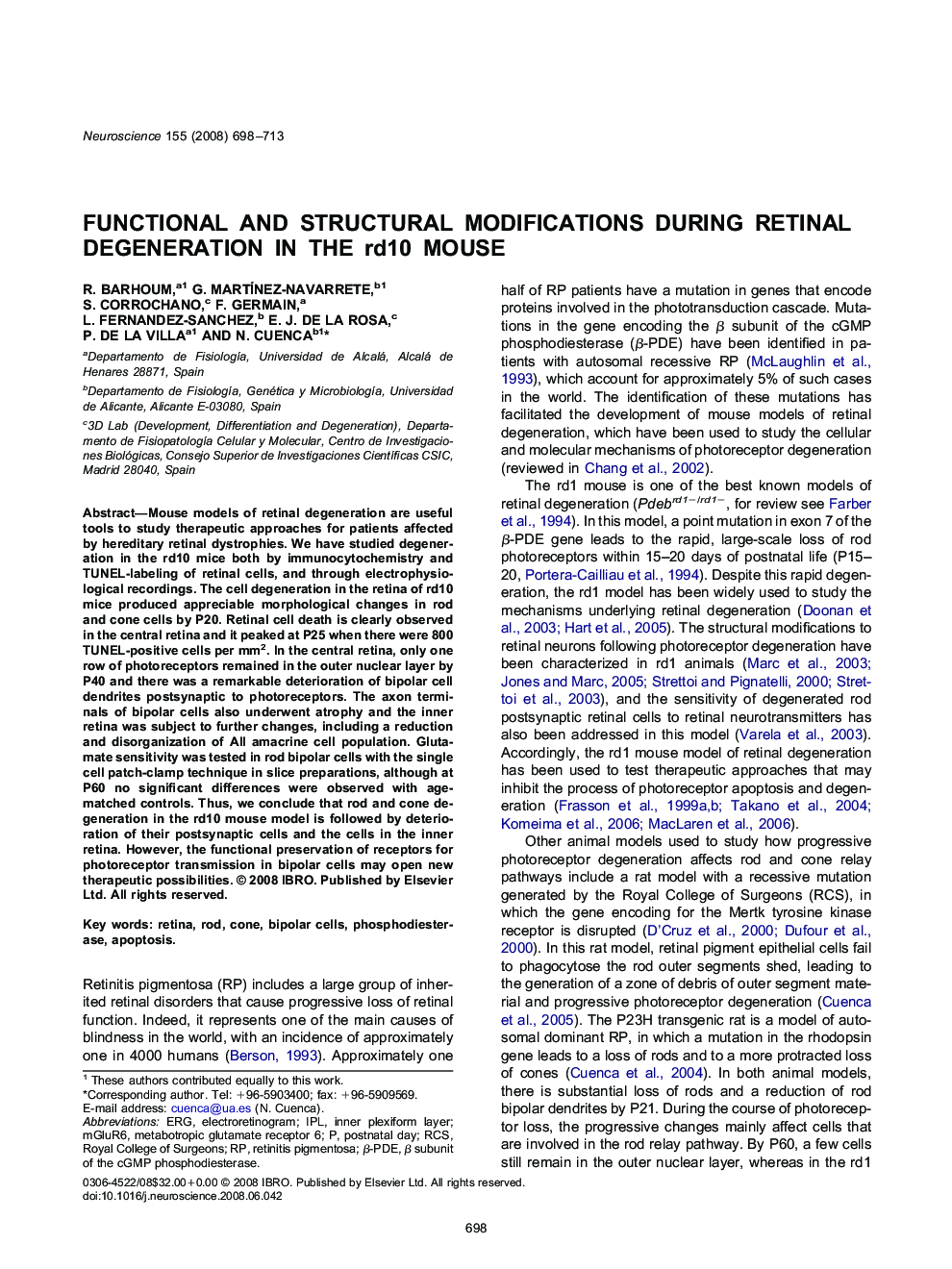 Functional and structural modifications during retinal degeneration in the rd10 mouse