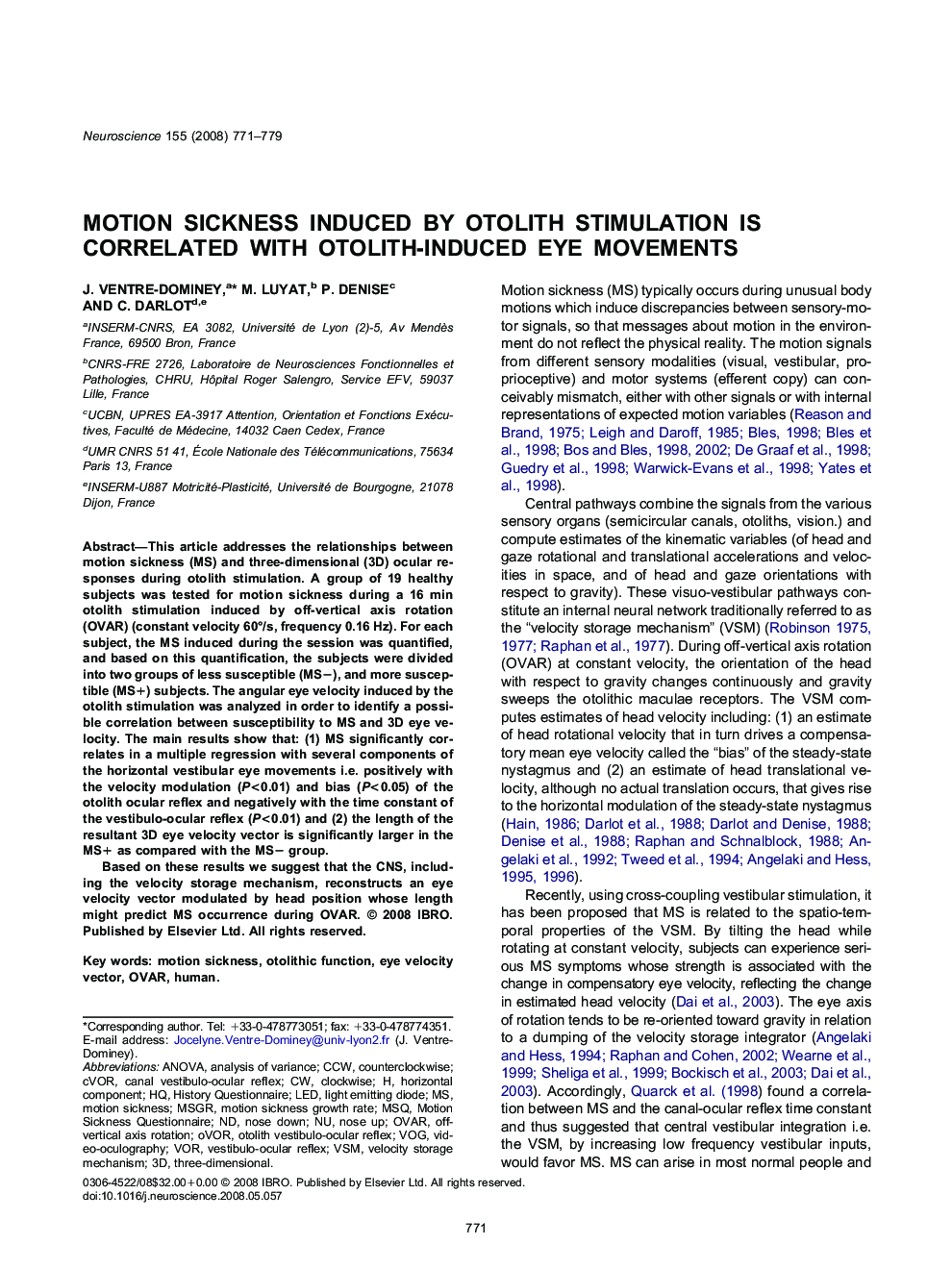 Motion sickness induced by otolith stimulation is correlated with otolith-induced eye movements