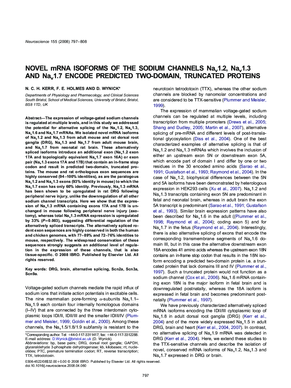 Novel mRNA isoforms of the sodium channels Nav1.2, Nav1.3 and Nav1.7 encode predicted two-domain, truncated proteins