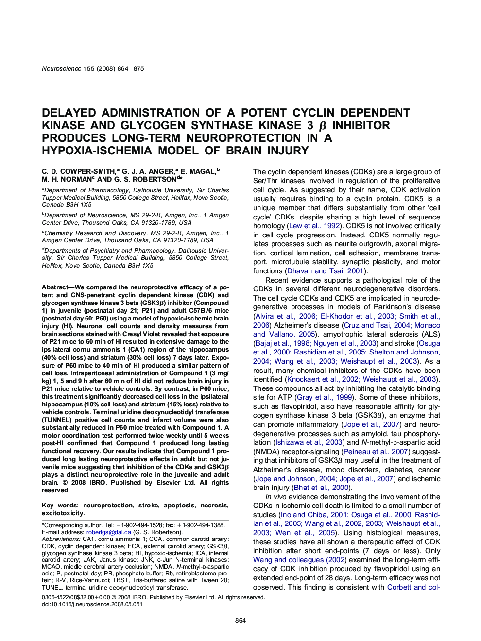 Delayed administration of a potent cyclin dependent kinase and glycogen synthase kinase 3 β inhibitor produces long-term neuroprotection in a hypoxia-ischemia model of brain injury