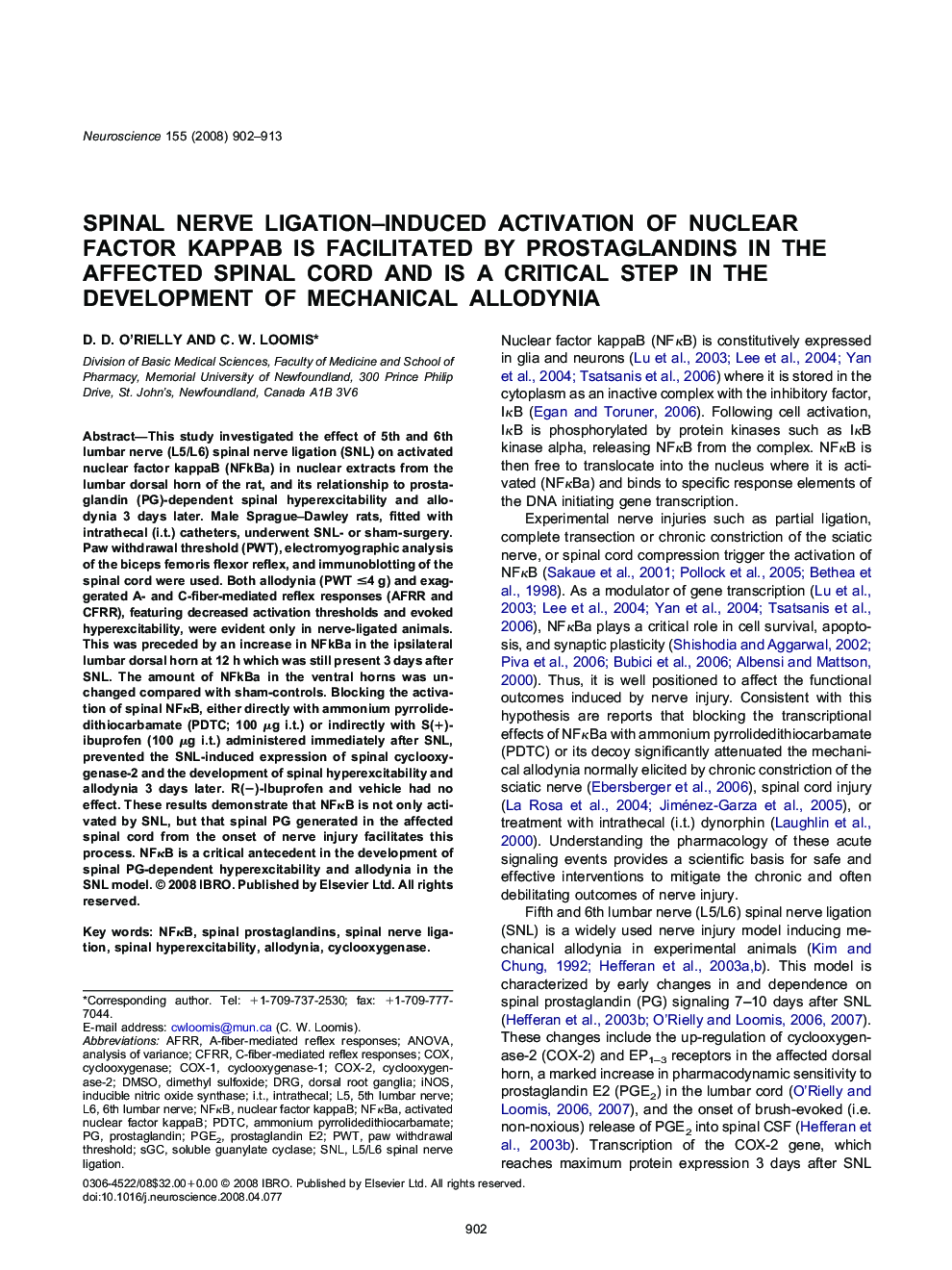 Spinal nerve ligation-induced activation of nuclear factor kappaB is facilitated by prostaglandins in the affected spinal cord and is a critical step in the development of mechanical allodynia