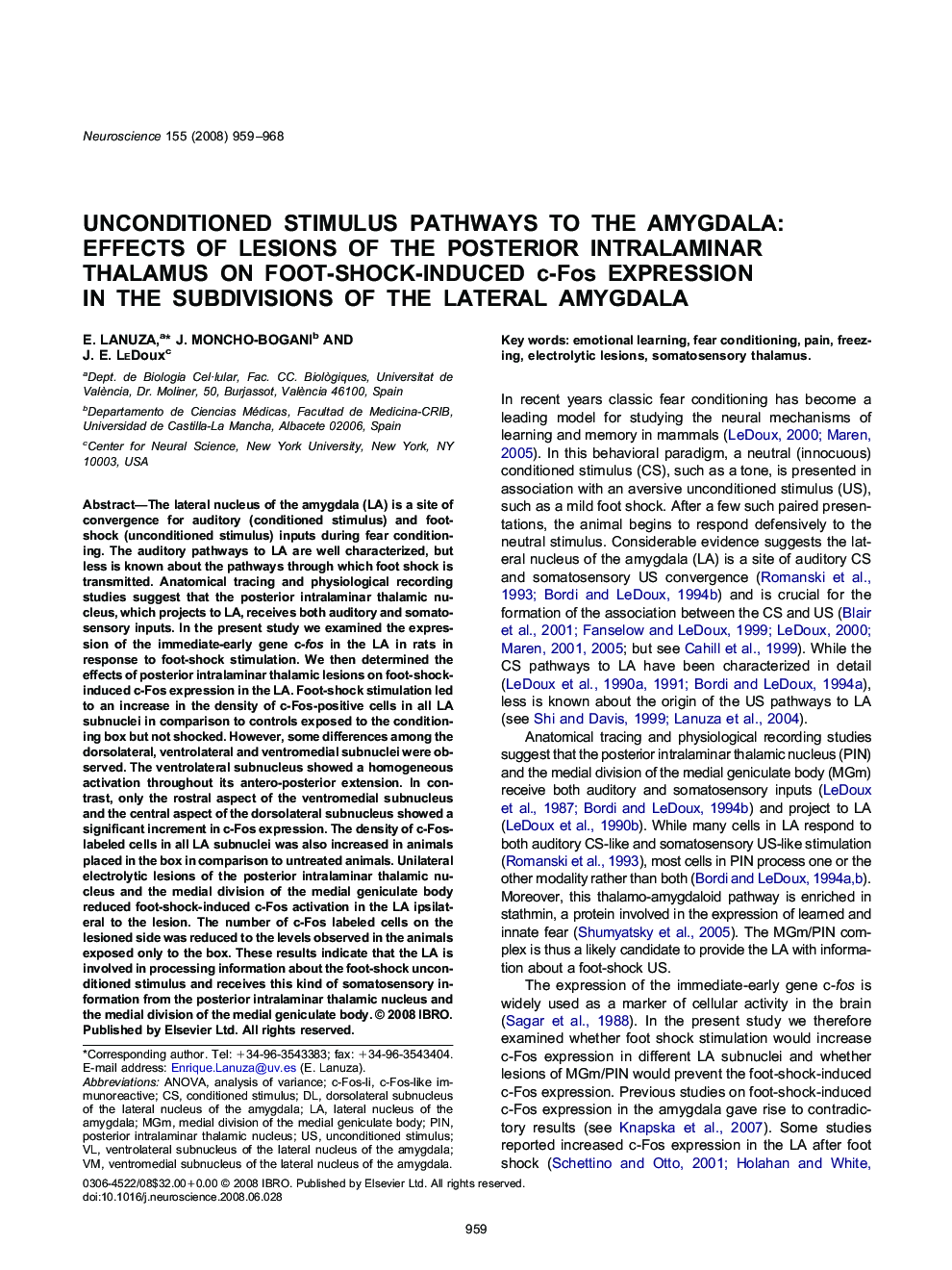 Unconditioned stimulus pathways to the amygdala: Effects of lesions of the posterior intralaminar thalamus on foot-shock-induced c-Fos expression in the subdivisions of the lateral amygdala