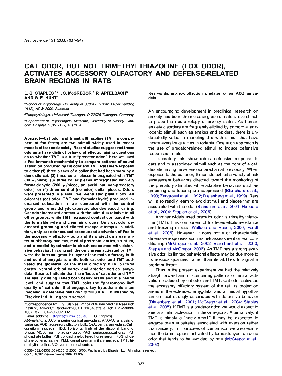 Cat odor, but not trimethylthiazoline (fox odor), activates accessory olfactory and defense-related brain regions in rats
