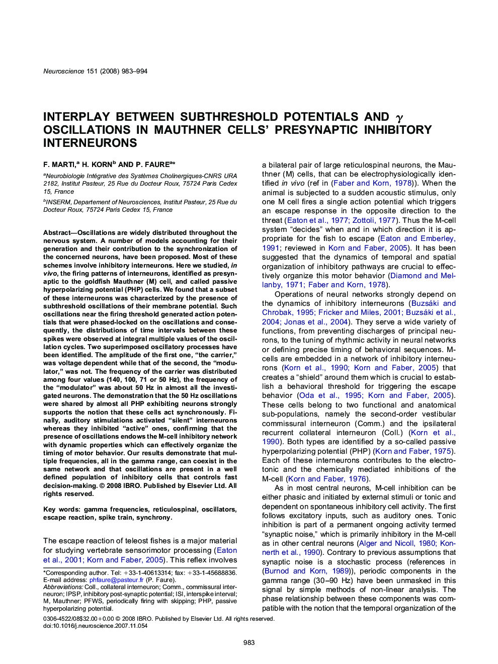 Interplay between subthreshold potentials and γ oscillations in Mauthner cells’ presynaptic inhibitory interneurons