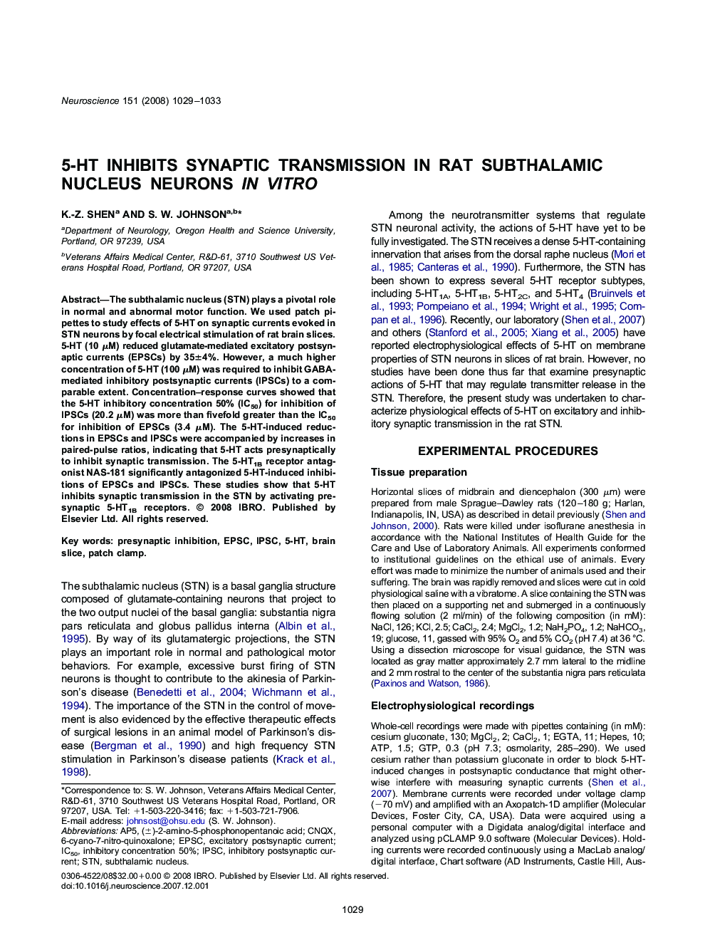 5-HT inhibits synaptic transmission in rat subthalamic nucleus neurons in vitro