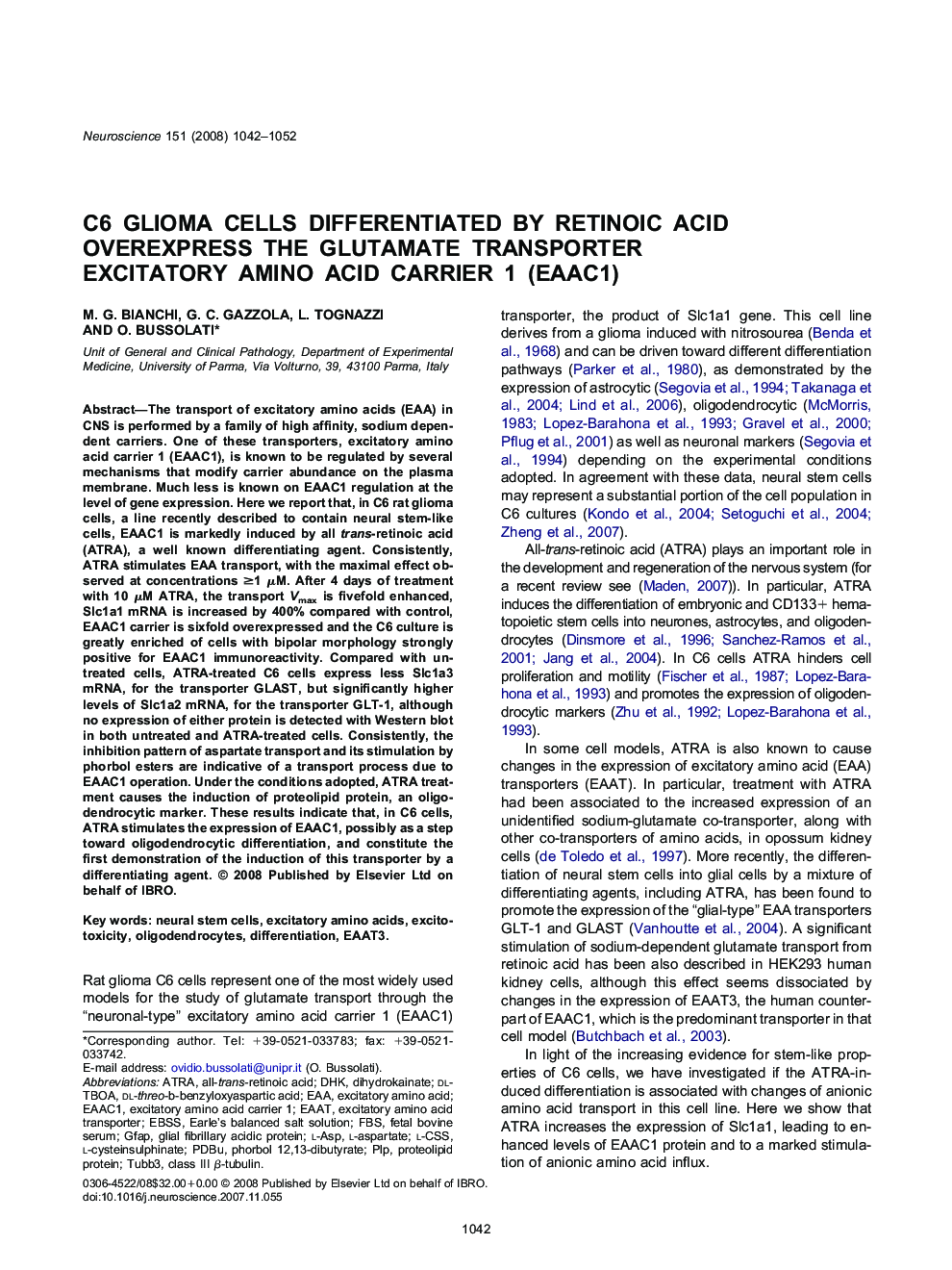C6 glioma cells differentiated by retinoic acid overexpress the glutamate transporter excitatory amino acid carrier 1 (EAAC1)