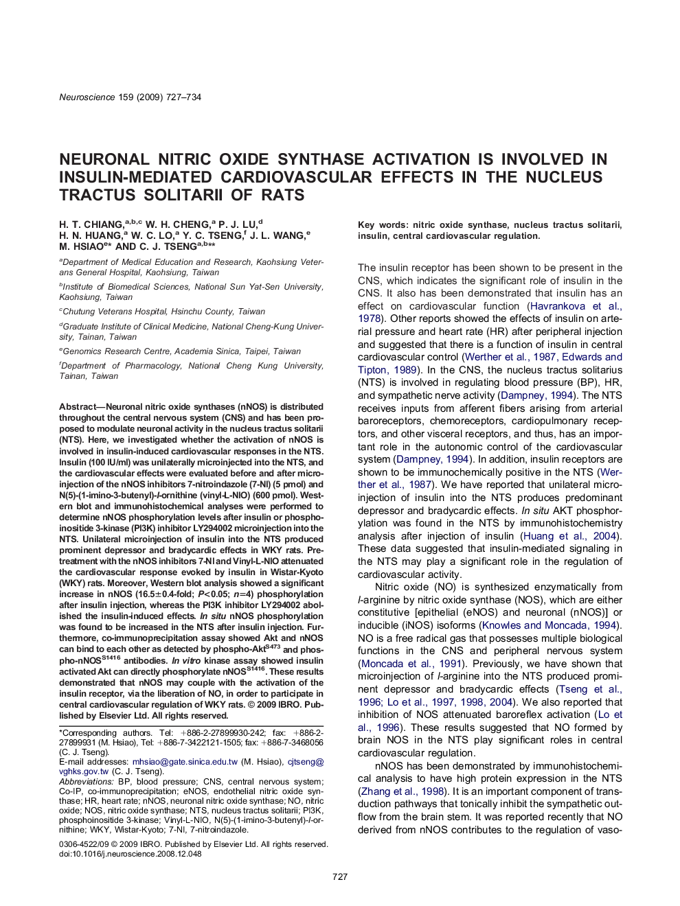 Neuronal Nitric Oxide Synthase Activation Is Involved in Insulin-Mediated Cardiovascular Effects in the Nucleus Tractus Solitarii of Rats