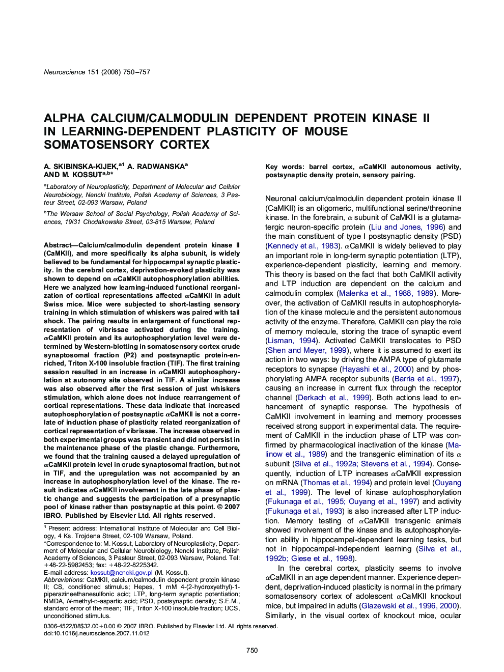 Alpha calcium/calmodulin dependent protein kinase II in learning-dependent plasticity of mouse somatosensory cortex