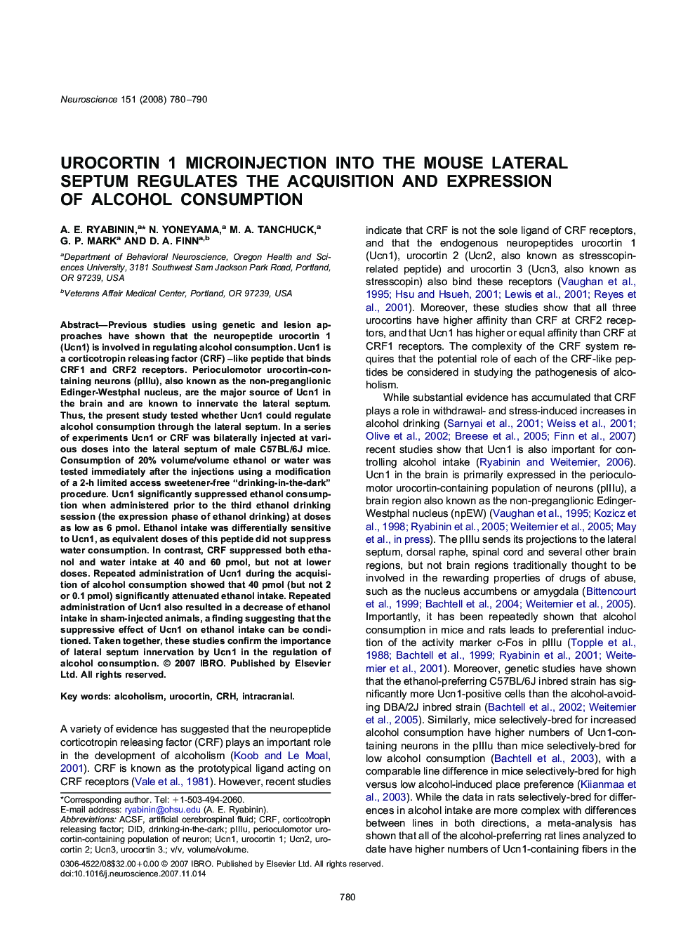 Urocortin 1 microinjection into the mouse lateral septum regulates the acquisition and expression of alcohol consumption