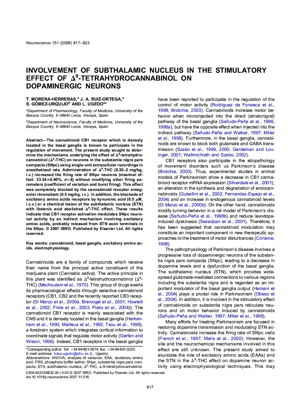 Involvement of subthalamic nucleus in the stimulatory effect of Δ9-tetrahydrocannabinol on dopaminergic neurons