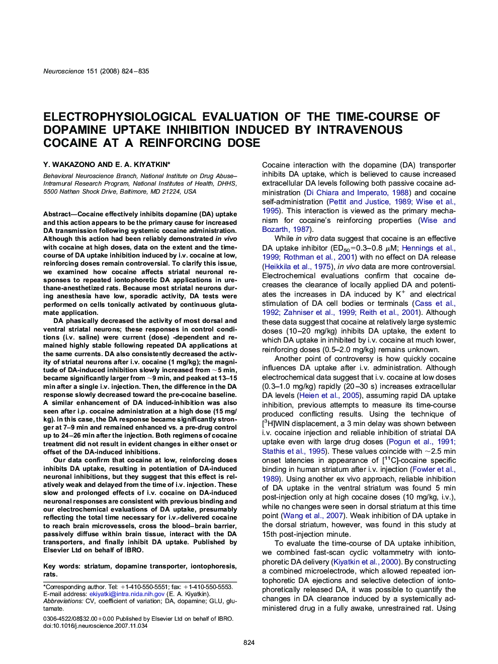 Electrophysiological evaluation of the time-course of dopamine uptake inhibition induced by intravenous cocaine at a reinforcing dose