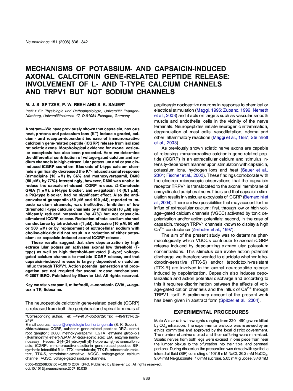 Mechanisms of potassium- and capsaicin-induced axonal calcitonin gene-related peptide release: Involvement of L- and T-type calcium channels and TRPV1 but not sodium channels