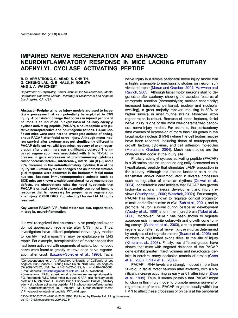 Impaired nerve regeneration and enhanced neuroinflammatory response in mice lacking pituitary adenylyl cyclase activating peptide