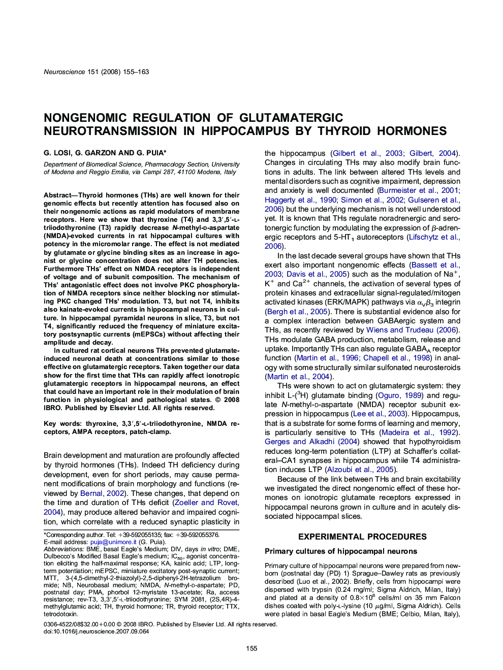 Nongenomic regulation of glutamatergic neurotransmission in hippocampus by thyroid hormones