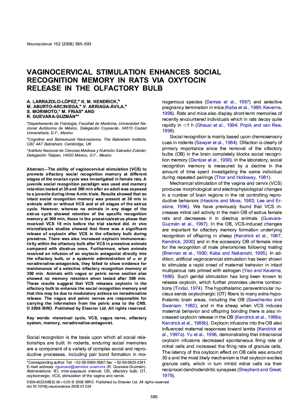 Vaginocervical stimulation enhances social recognition memory in rats via oxytocin release in the olfactory bulb