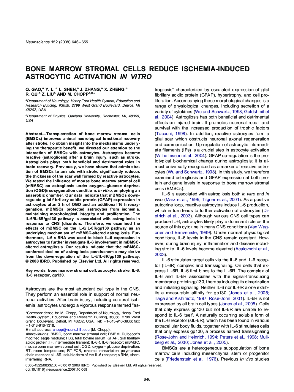 Bone marrow stromal cells reduce ischemia-induced astrocytic activation in vitro