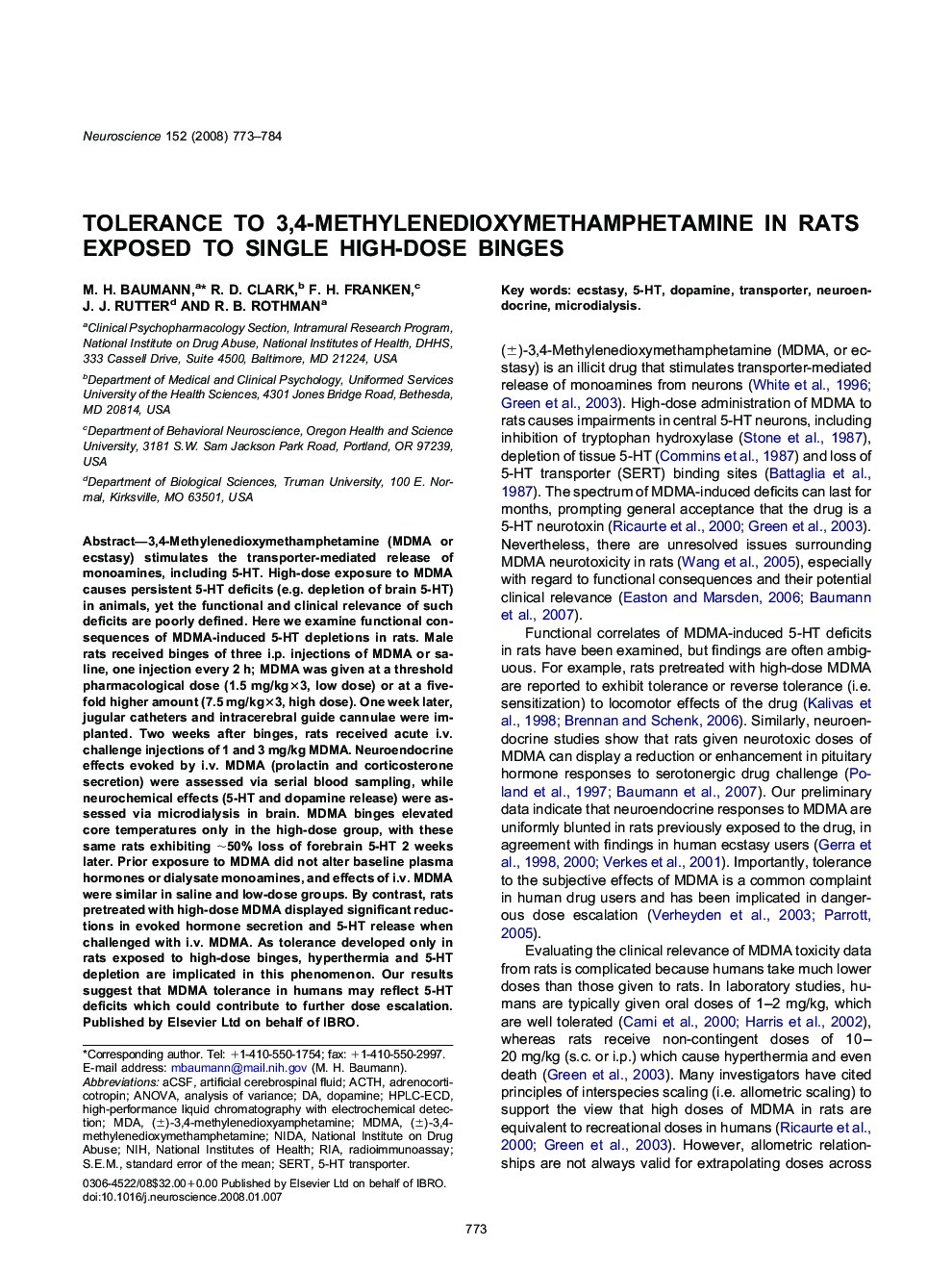 Tolerance to 3,4-methylenedioxymethamphetamine in rats exposed to single high-dose binges