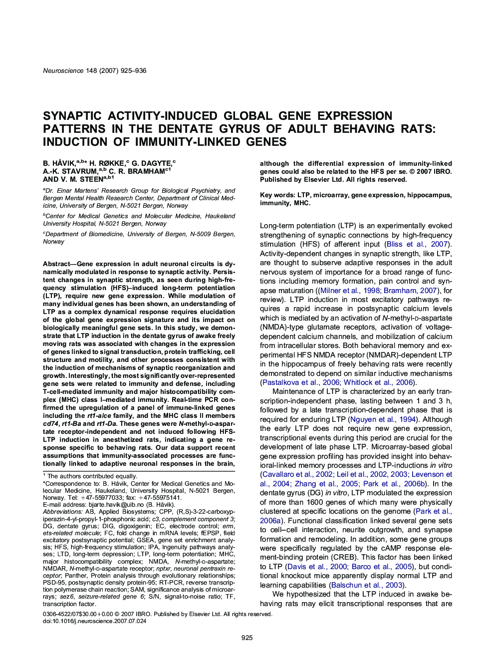 Synaptic activity-induced global gene expression patterns in the dentate gyrus of adult behaving rats: Induction of immunity-linked genes