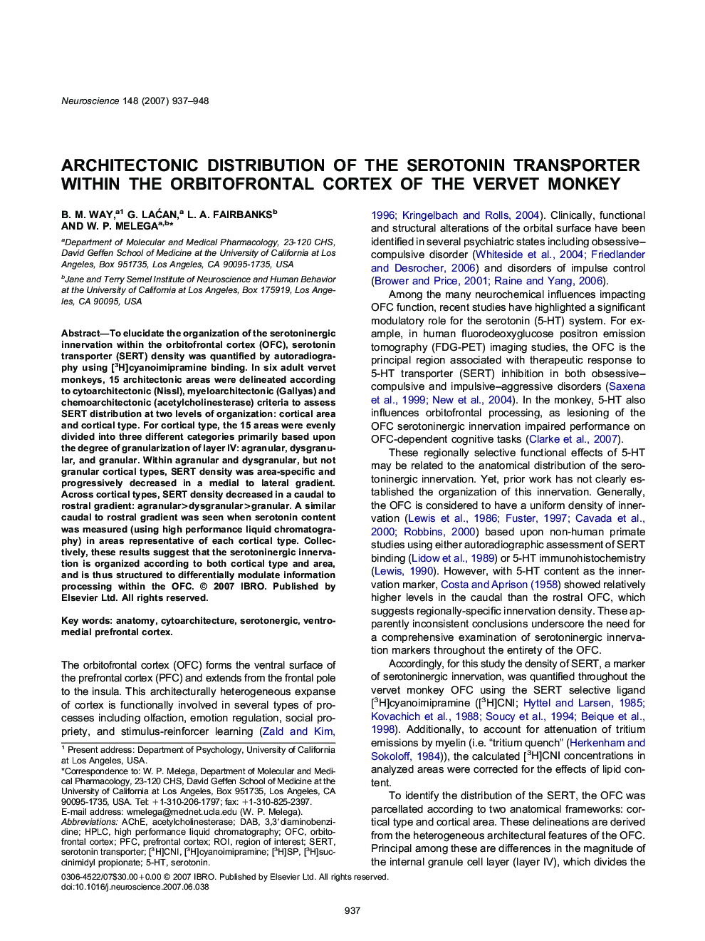 Architectonic distribution of the serotonin transporter within the orbitofrontal cortex of the vervet monkey