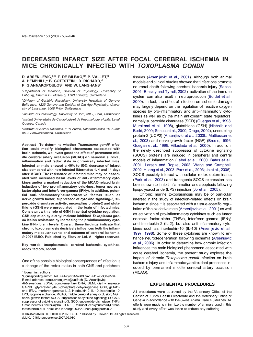 Decreased infarct size after focal cerebral ischemia in mice chronically infected with Toxoplasma gondii