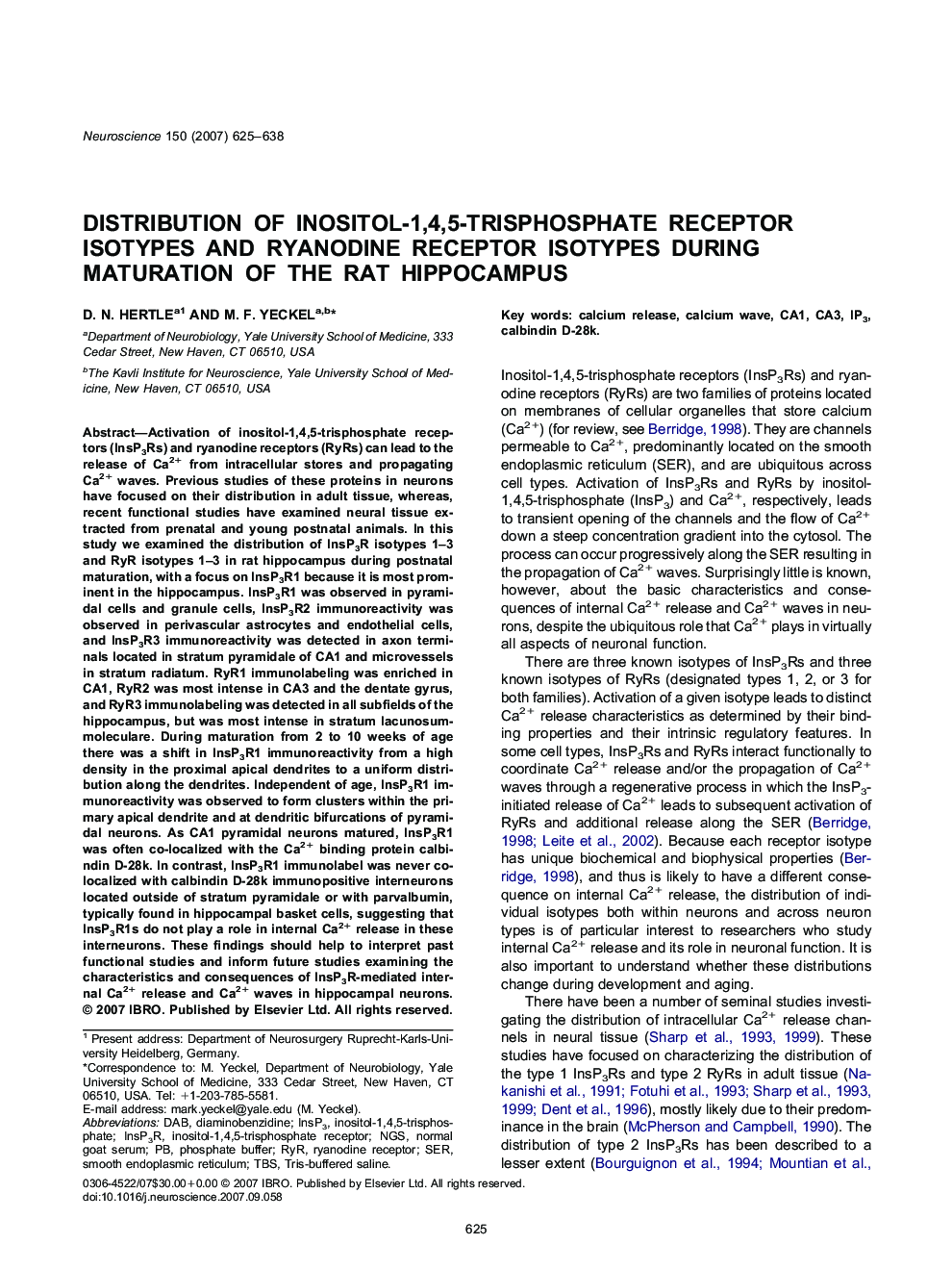 Distribution of inositol-1,4,5-trisphosphate receptor isotypes and ryanodine receptor isotypes during maturation of the rat hippocampus